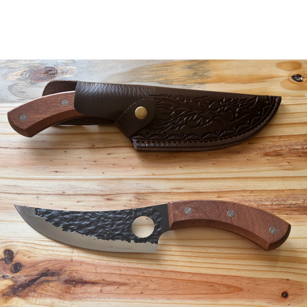 Butcher Block Kitchen Knife and Leather Sheath